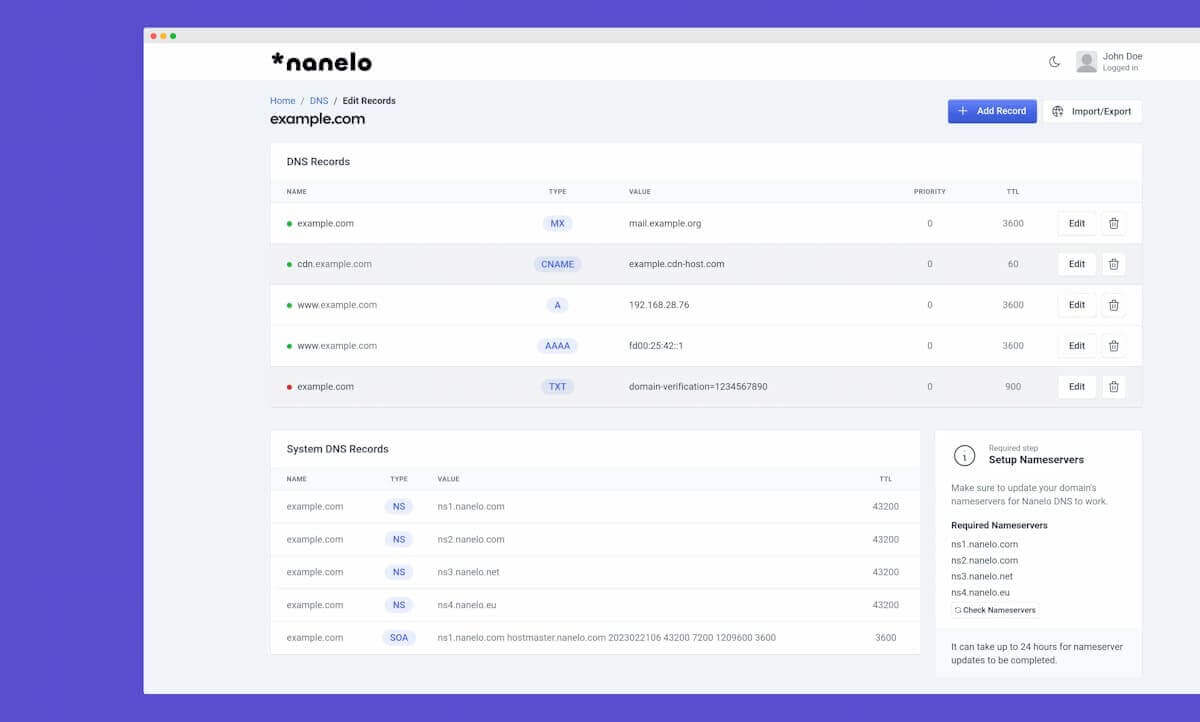 A screenshot of the Nanelo DNS Dashboard